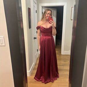 David’s Bridal Berry Galina Signature Cowl Off-the-Shoulder Dress